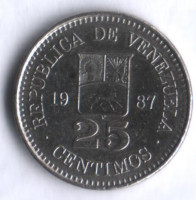 Монета 25 сентимо. 1987 год, Венесуэла.