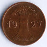 Монета 1 рейхспфенниг. 1927 год (F), Веймарская республика.