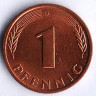 Монета 1 пфенниг. 1993(D) год, ФРГ.