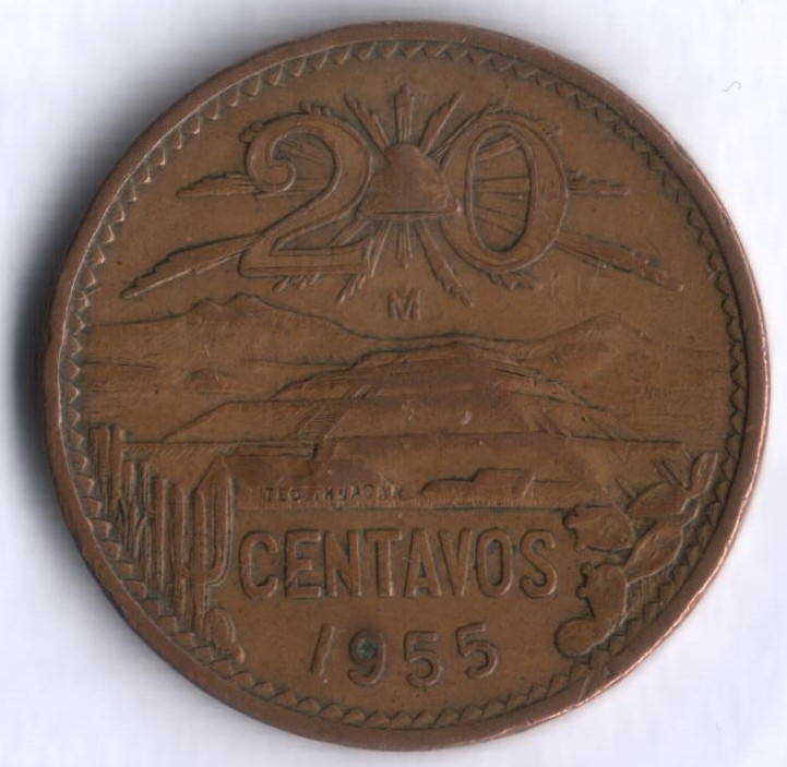 Монета 20 сентаво. 1955 год, Мексика.