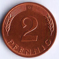 Монета 2 пфеннига. 1981(G) год, ФРГ.