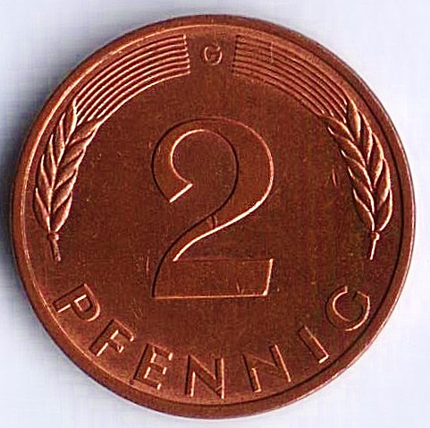 Монета 2 пфеннига. 1981(G) год, ФРГ.