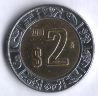 Монета 2 песо. 2001 год, Мексика.