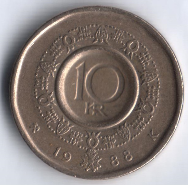 Монета 10 крон. 1988 год, Норвегия.