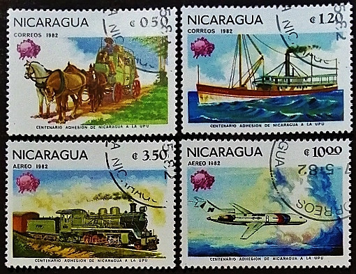 Набор почтовых марок (4 шт.). "100-летие членства в U.P.U.". 1982 год, Никарагуа.