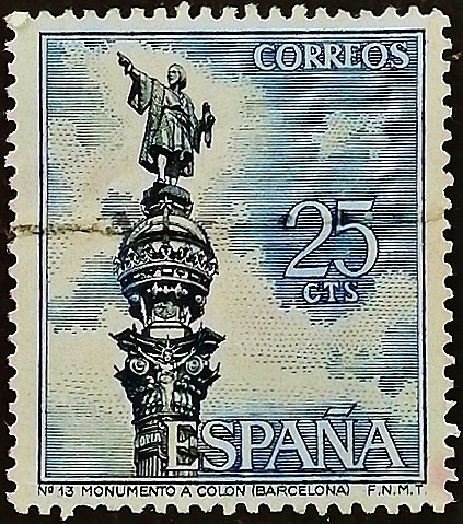 Почтовая марка. "Памятник Колумбу, Барселона". 1965 год, Испания.