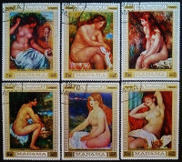 Набор марок (6 шт.). "Обнаженные фигуры на картинах Пьера Огюста Ренуара". 1970 год, Манама.