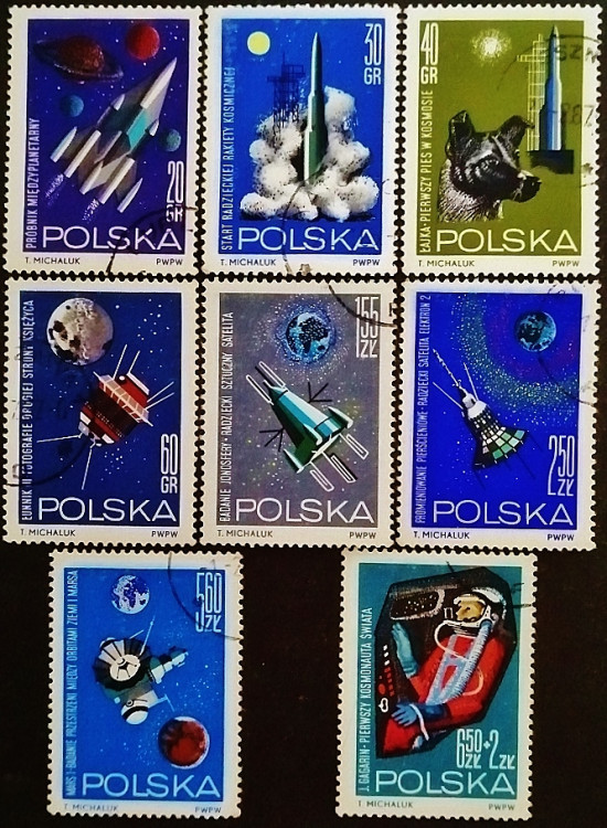 Набор почтовых марок (8 шт.). "Исследование космоса (I)". 1964 год, Польша.