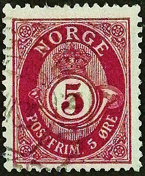 Почтовая марка (5 ör.). "Почтовый рожок". 1922 год, Норвегия.