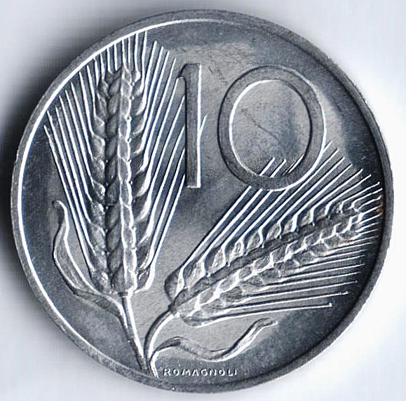 Монета 10 лир. 1970 год, Италия.