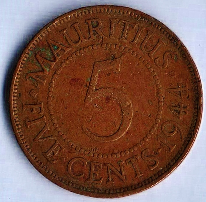 Монета 5 центов. 1944 год, Маврикий.