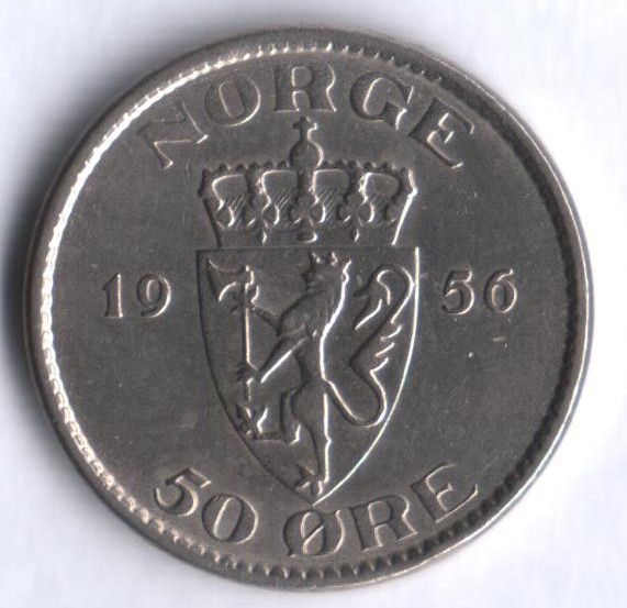 Монета 50 эре. 1956 год, Норвегия.