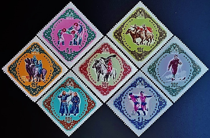 Набор марок (7 шт.). "40-летие победы Народной революции: Спорт". 1961 год, Монголия.