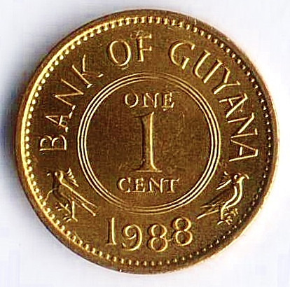 Монета 1 цент. 1988 год, Гайана.