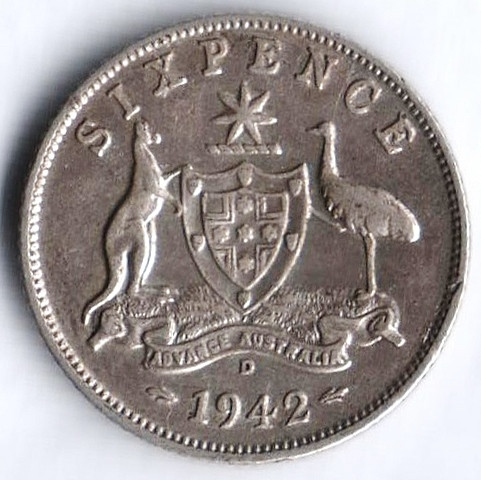 Монета 6 пенсов. 1942(D) год, Австралия.