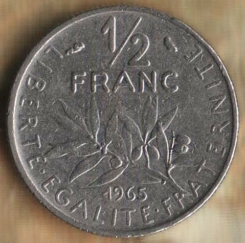 Монета ½ франка. 1965 год, Франция. Толстая легенда.