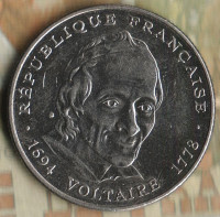 Монета 5 франков. 1994 год, Франция. 300 лет со дня рождения Вольтера.