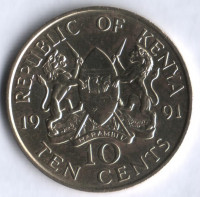 Монета 10 центов. 1991 год, Кения.