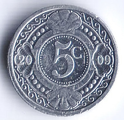 Монета 5 центов. 2009 год, Нидерландские Антильские острова.