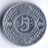 Монета 5 центов. 2009 год, Нидерландские Антильские острова.