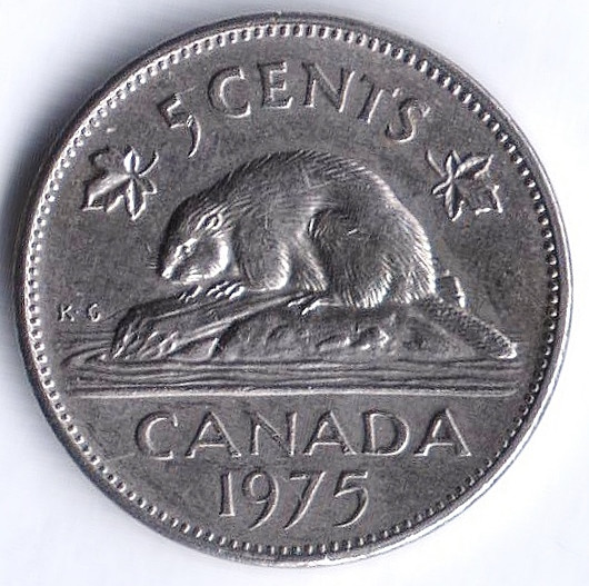 Монета 5 центов. 1975 год, Канада.
