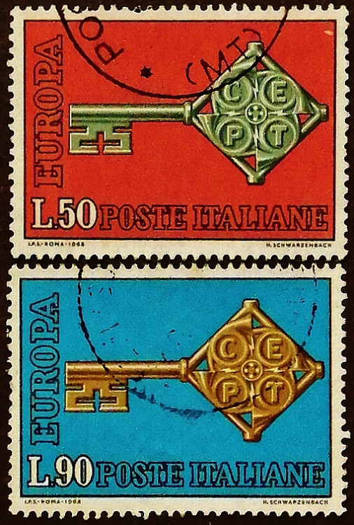 Набор почтовых марок (2 шт.). "Европа (C.E.P.T.)". 1968 год, Италия. Набор почтовых марок (2 шт.). "Европа (C.E.P.T.)". 1968 год, Италия.