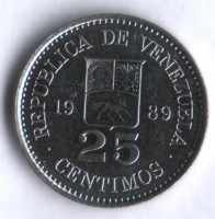 Монета 25 сентимо. 1989 год, Венесуэла.