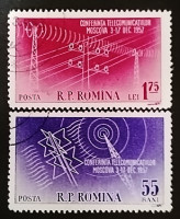 Набор почтовых марок  (2 шт.). "Конференция по телекоммуникациям, Москва". 1958 год, Румыния.