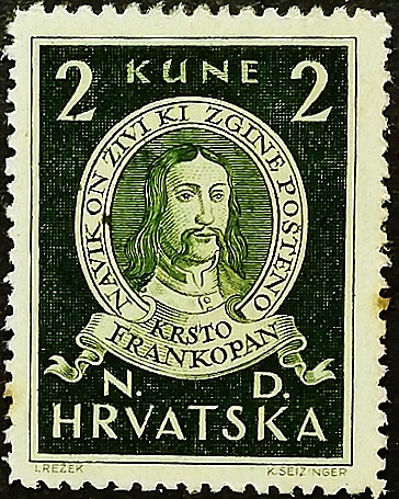 Марка почтовая (2 k.). "Крсто Франкопан". 1943 год, Хорватия.