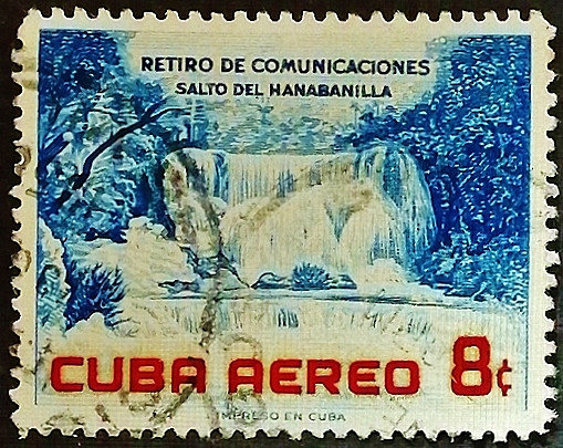Почтовая марка (8 c.). "Водопад Ханабанилья". 1957 год, Куба.