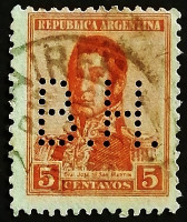 Марка (перфин) "B.H.". "Генерал Сан-Мартин". 1917 год, Аргентина.