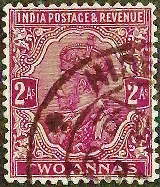 Почтовая марка (2 an.). "Король Георг V". 1926 год, Британская Индия.