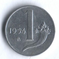 Монета 1 лира. 1954 год, Италия.