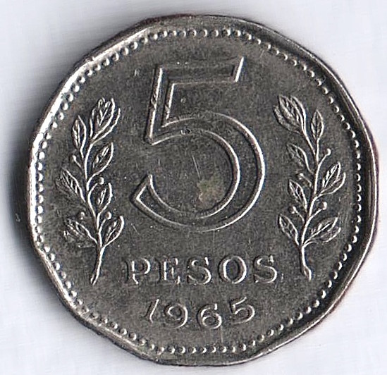 Монета 5 песо. 1965 год, Аргентина.