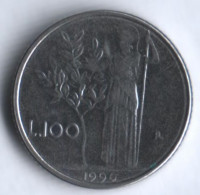 Монета 100 лир. 1990 год, Италия.
