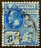 Почтовая марка. "Король Георг V и фрегат Сандбах". 1913 год, Британская Гвиана.