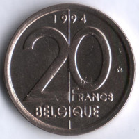 Монета 20 франков. 1994 год, Бельгия (Belgique).