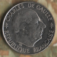 Монета 1 франк. 1988 год, Франция. 30 лет Пятой Республике. Шарль де Голль.