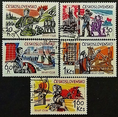 Набор почтовых марок (5 шт.). "20-летие Освобождения Чехословакии". 1965 год, Чехословакия.