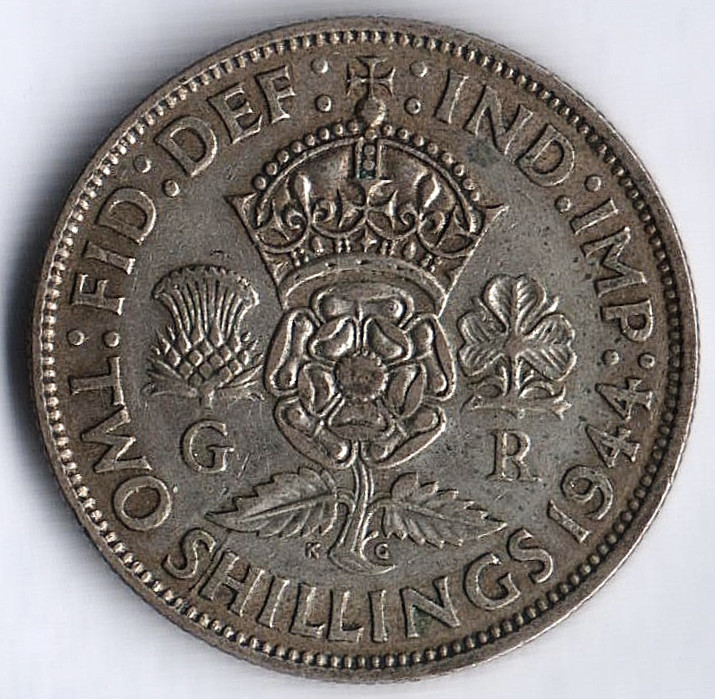 Монеты 1944 года. Великобритания 2 шиллинга 1943. 2 Шиллинга монета. Монета Георг Великобритания. Монета Георг 6.
