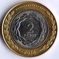 Монета 2 песо. 2014 год, Аргентина.