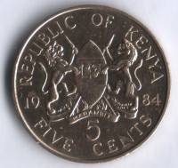 Монета 5 центов. 1984 год, Кения.