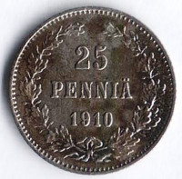 Монета 25 пенни. 1910(L) год, Великое Княжество Финляндское.