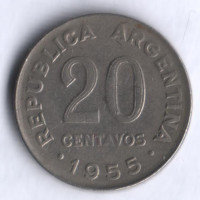 Монета 20 сентаво. 1955 год, Аргентина.
