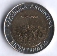 Монета 1 песо. 2010 год, Аргентина. 200-летие революции, гора Аконкагуа.