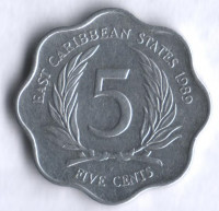 Монета 5 центов. 1989 год, Восточно-Карибские государства.