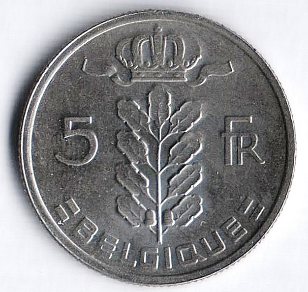 Монета 5 франков. 1979 год, Бельгия (Belgique).