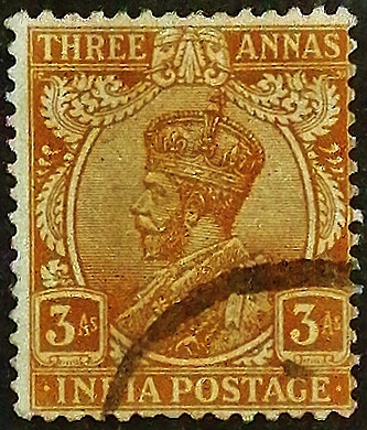 Почтовая марка (3 an.). "Король Георг V". 1911 год, Британская Индия.