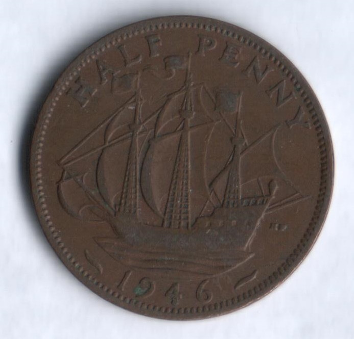 Монета 1/2 пенни. 1946 год, Великобритания.