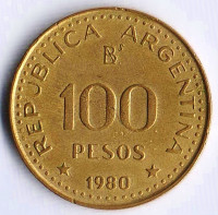 Монета 100 песо. 1980 год, Аргентина. Генерал Хосе де Сан-Мартин. Тип I.
